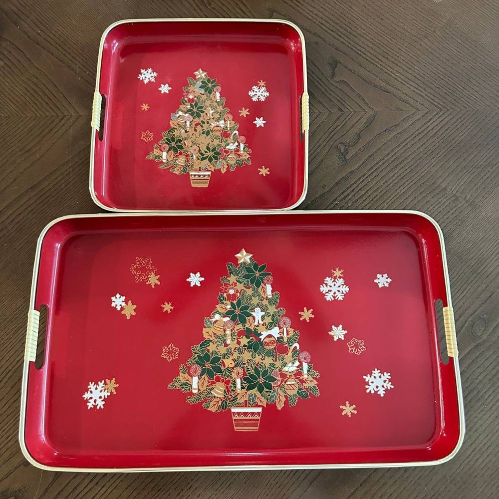 Vintage Christmas Tree Serving Tray Set Red Gold Holiday Decor 2 Piece Tin Metal